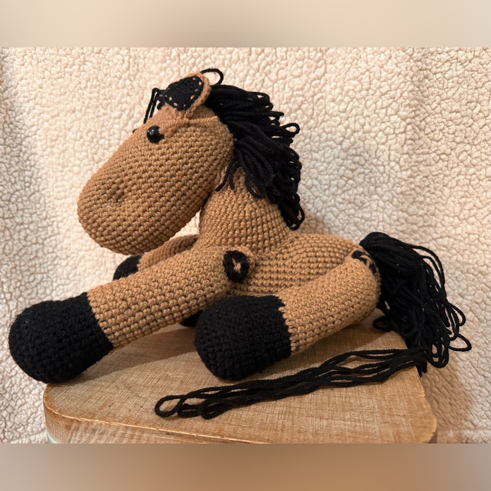 Vintage Y2K Handmade crochet brown horse with moving legs cute cuddly grandma